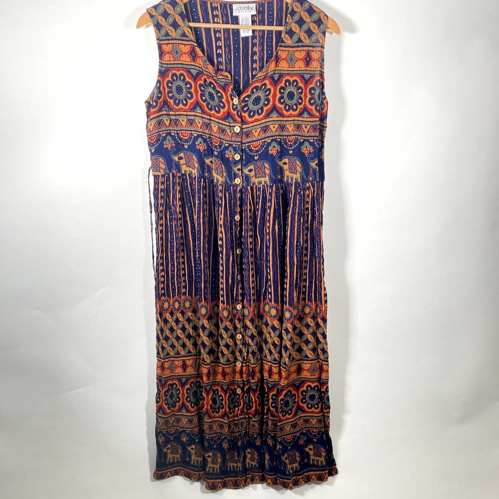 Vintage Jasmine KVM Women's Full Button Up Maxi Dress Sz Large Hippie Boho Flowy